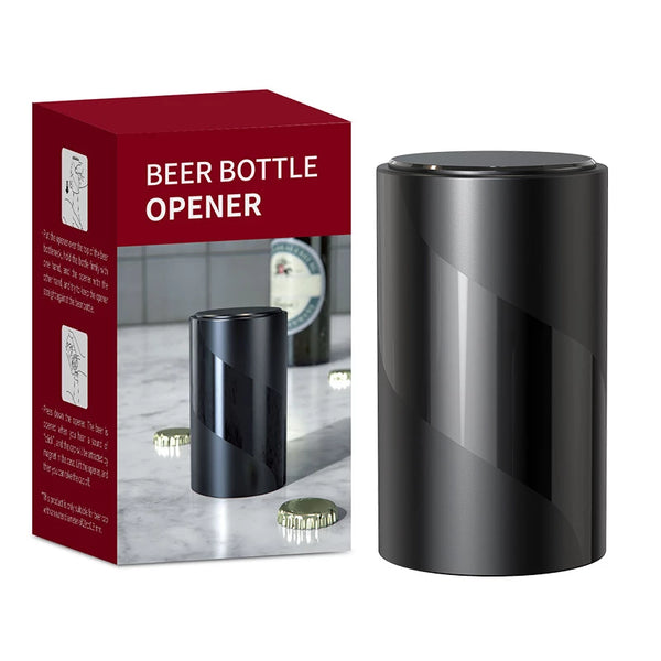 Magnetic Automatic Bottle Opener Stainless Steel Push Down Wine Beer Soda Cap Opener Kitchen Accessories, Size: 8*5cm, Black